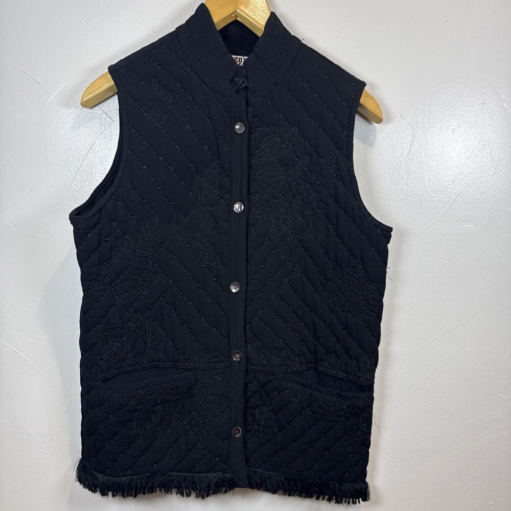 Chico's Design Vintage Black Stitched Floral Vest Size Small 0 Fringe Embroidery